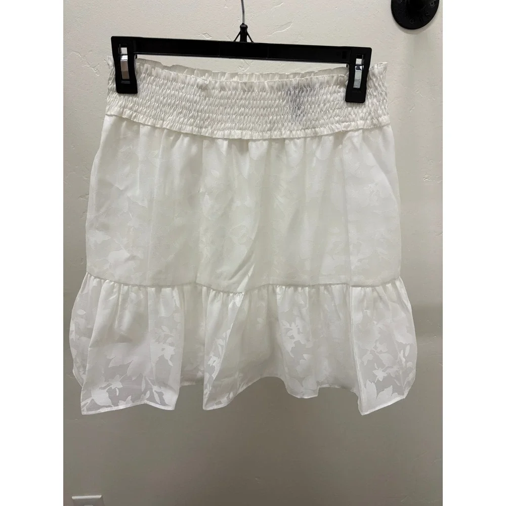 Aqua‎ White Floral Jacquard Smocked Mini Skirt Tiered Ruffle Hem Small